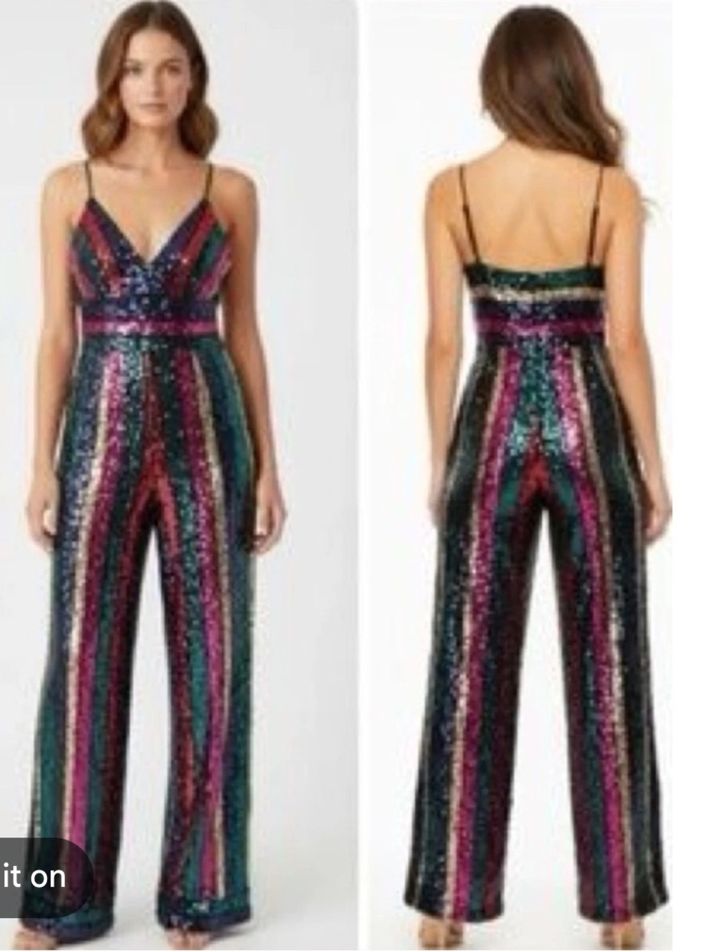 Express Multicolor Sequin Striped Jumpsuit - Pink, Teal, Black, Silver